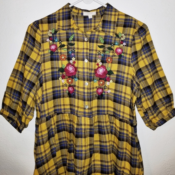 Oddy The Kira Dress | Embroidered Yellow & Blue Plaid Dress - Picture 3 of 8